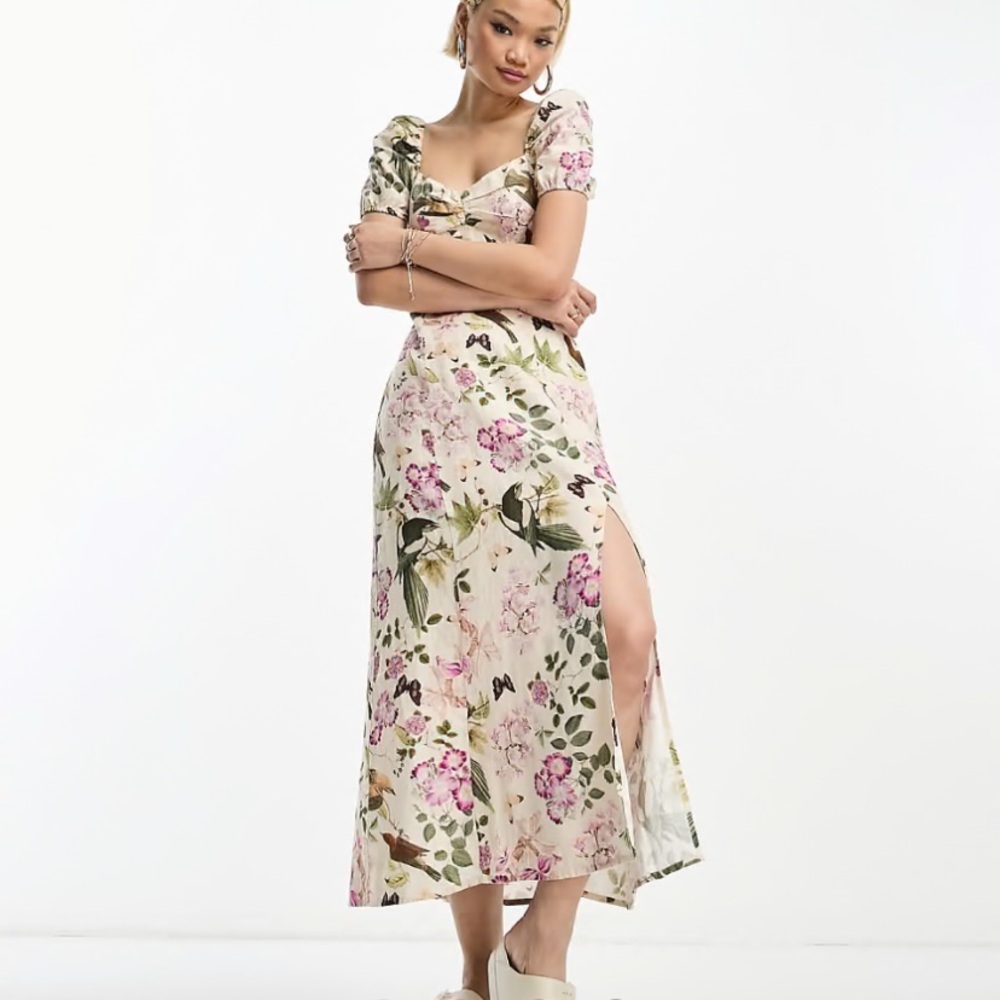 & Other Stories puff sleeve linen midi dress in bird and floral print size 6